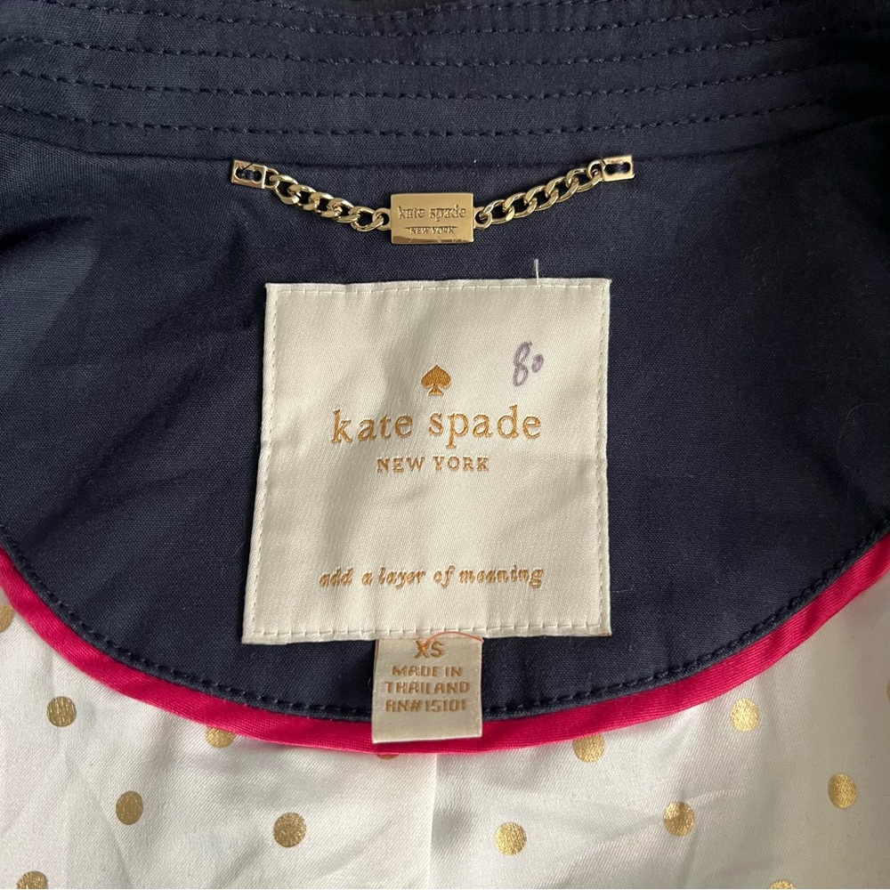 KATE SPADE Navy Blue Belted Trench Coat Ruffled Flair Bottom Preppy Classic XS - Picture 3 of 5